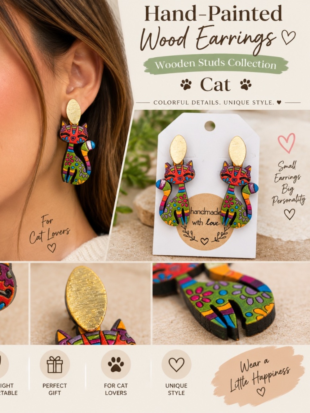 Wood Earrings Hand Painted Collection Wooden Studs Earrings